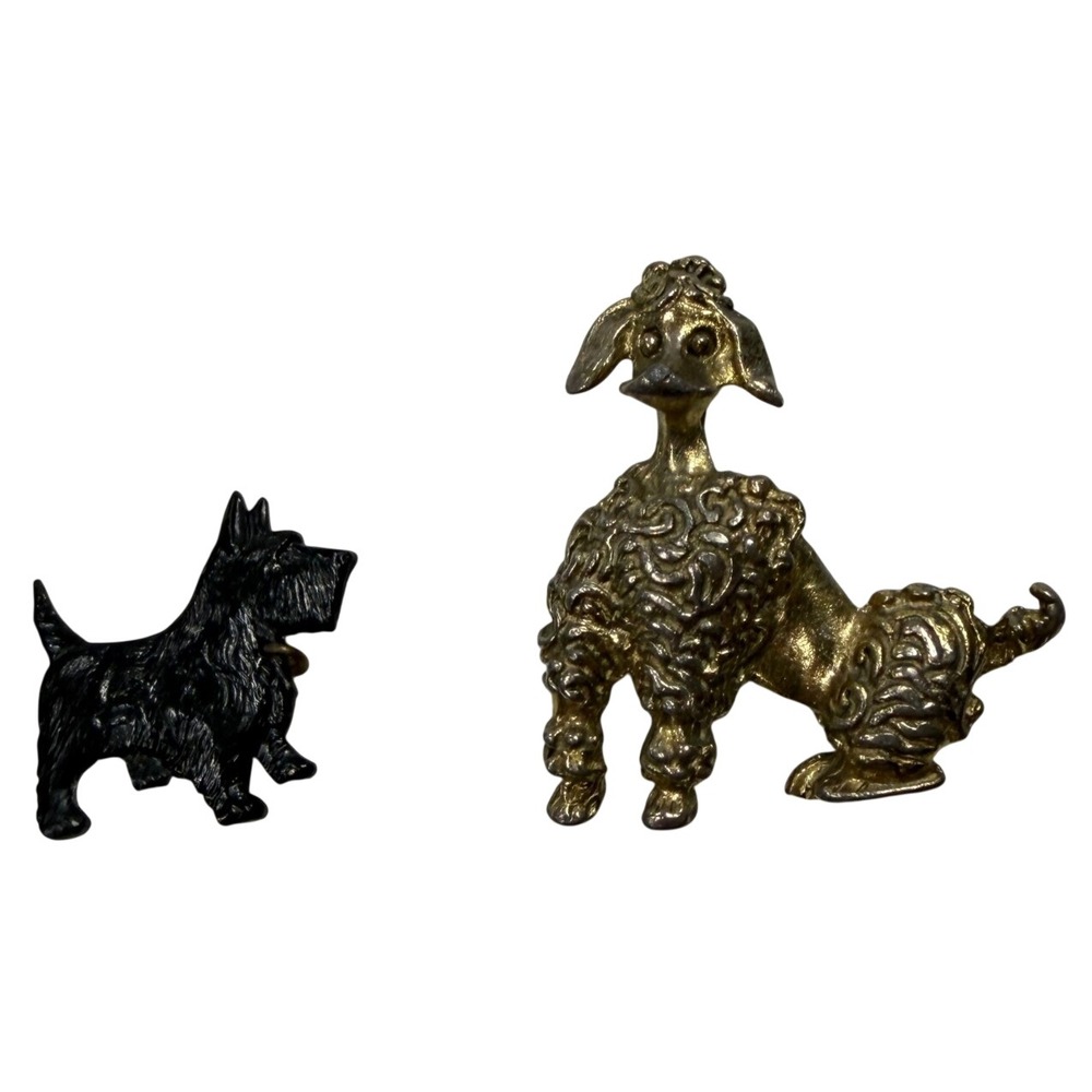 Vintage Poodle and Scottie Terrier Dog Brooch Pin Set Gold Tone Black Animal